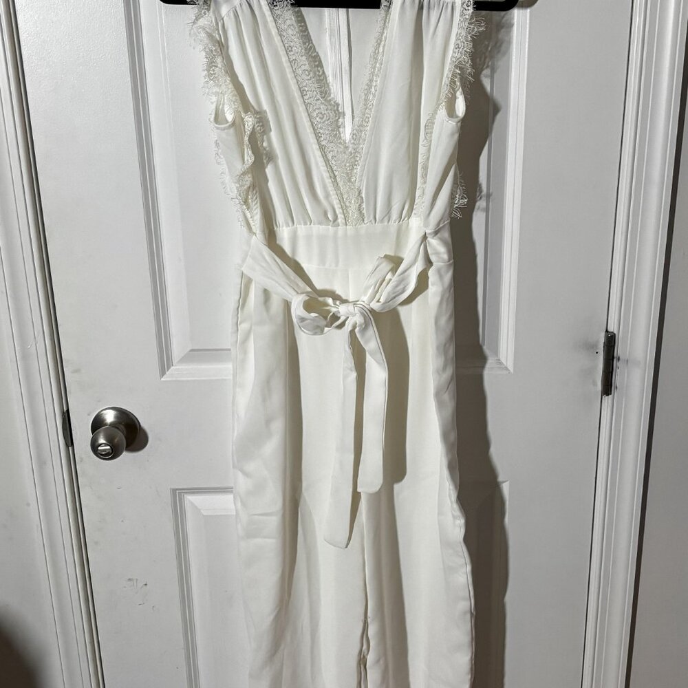 Altar’d State White Lace Trim Sleeveless Jumpsuit with Tie Waist - Picture 2 of 6